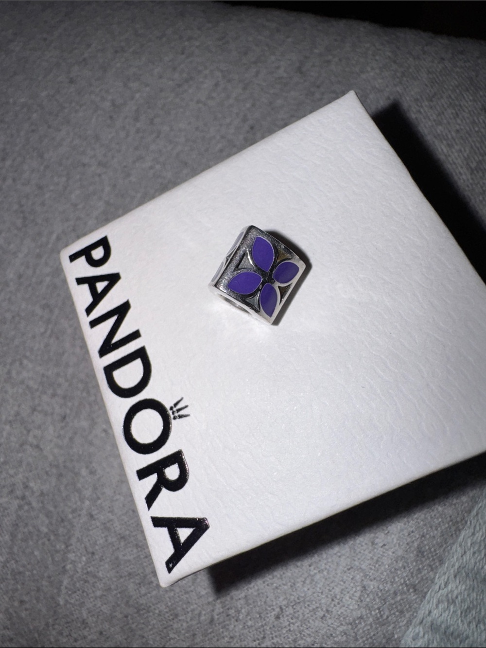 Pandora Retired Silver Floral Charm with Purple Enamel